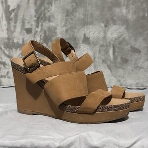 Franco Sarto Leather Wedge Sandals Strappy Open Toe Size 8.5 Brown Coastal Cork‎